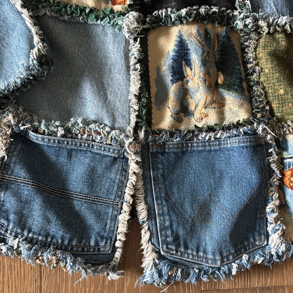 Boho Western Hand Crafted Denim Fringe Patchwork Jacket Coat Womens S-L Quirky - Picture 5 of 16